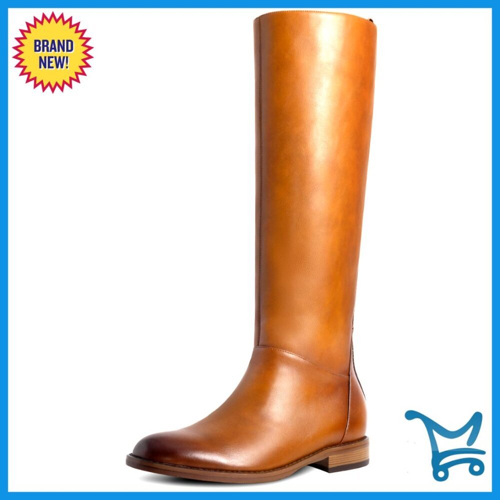 Knee High Flat Boots Round Toe Low Heel Side Zipper Riding Boots - Picture 1 of 7